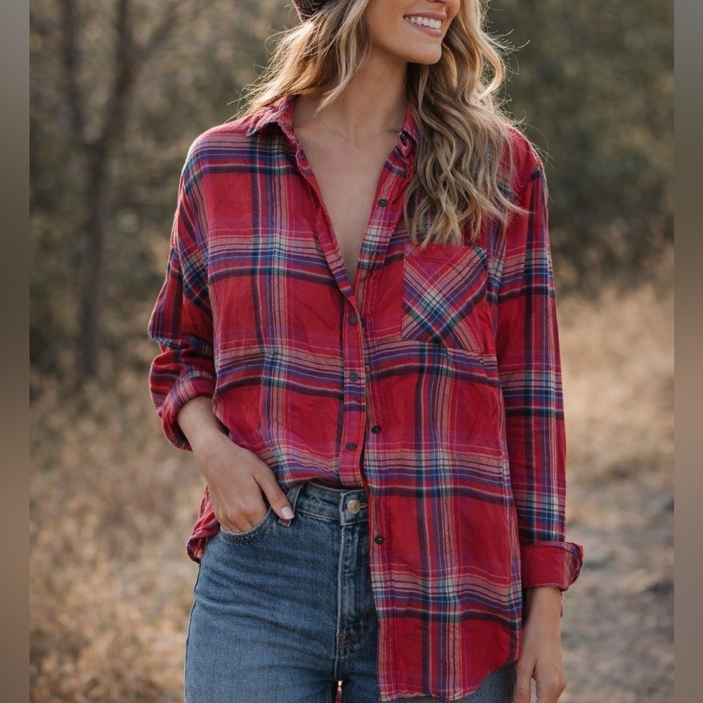 Orvis LAURIE PLAID Red Flannel Button Front Blouse, New with Tags